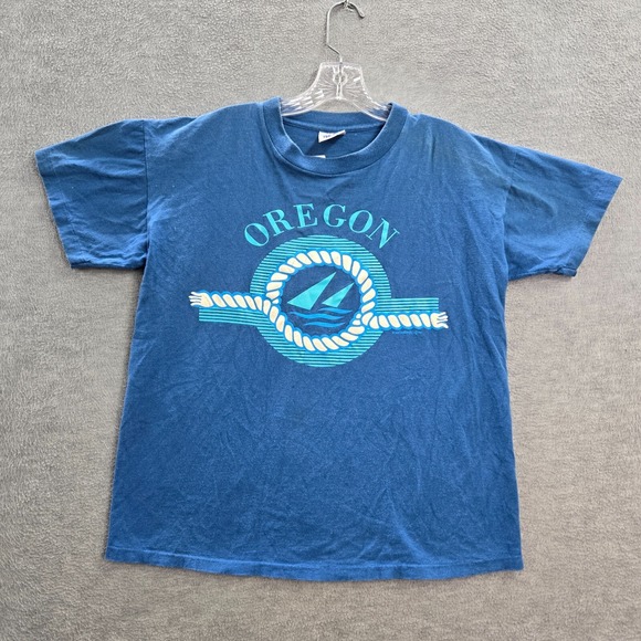 America's Finest Other - VINTAGE Oregon Men Shirt L Blue Sailboat Graphic Single Stitch 80s USA READ